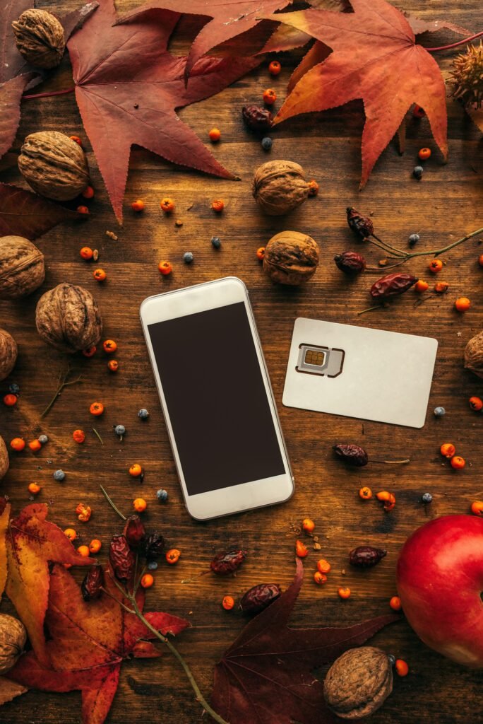 Mobile phone and SIM card with autumn arrangement